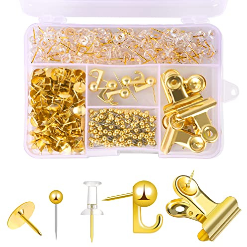 310 Pcs Gold Push Pins Set Thumb Tacks Decorative Push Pins for Cork Board with Push Pin Hook Pushpin Clip 5 Style Office Accessories for Cork Board Map Office (Gold)
