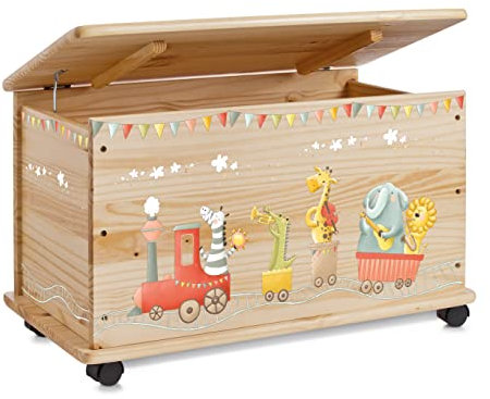 Farbklecks Collection Musikzug - Personalisierbare Spielzeugkiste, Holzkiste, Cartoon-Muster, Ohne Deckel, Breite: 73 cm, Höhe: 43 cm, Tiefe: 40 cm