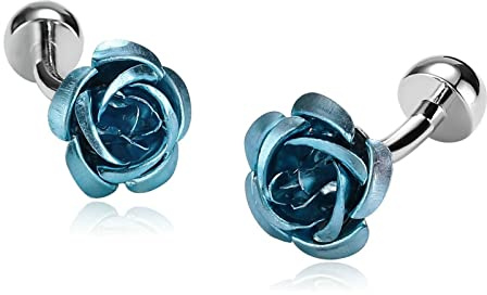 Whoiy Boutons de Manchette pour Homme Bleu, Boutons de Manchette pour Homme Acier Inoxydable Roses Fleurs Forme Boutons de Manchette de Chemise 1.5x1.5cm