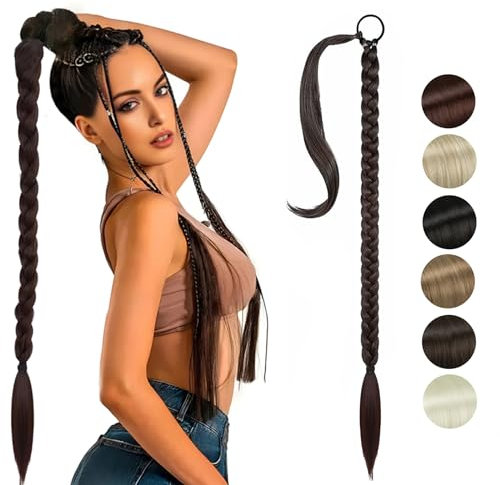 NASHRIO Braid Extensions Pferdeschwanz Mit Gummiband,Gerade Umwickelter Pferdeschwanz Zöpfe, 80 cm Lang Ponytail Geflochten Kunsthaar Haarverlängerung für Damen Mädchen Pferdeschwanz, Schwarz Braun