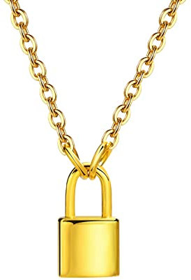 Mesnt Women Gold Necklace, Women Stainless Steel Lock Pendant Necklaces Gold
