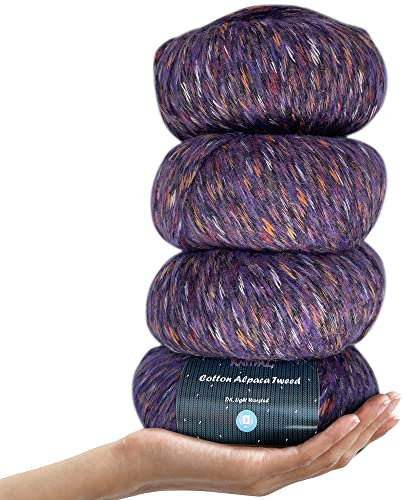 KnitPal Baumwoll-Alpaka-Tweed, 3 DK,Garn in leicht Medium, 4 Knäule insgesamt 200 g, superweiche, flauschige Mischung zum Stricken und Häkeln von Mützen, Schals, Kleidungsstücken, Decken, Lila (Purple