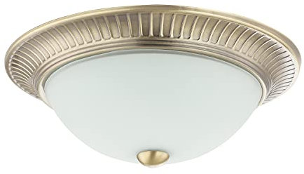 Happy Homewares Traditional Classic Antique Brass Plated Flush Round Ceiling Light Fitting with Opal White Glass Diffuser | 2 x 40w E14 | 27cm Diameter