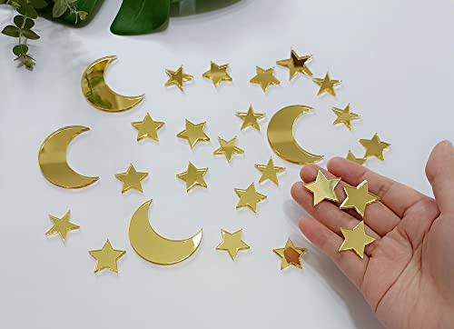 26pcs Gold Moon Star Cake Topper, Moon and Stars Celestial Cake Charms for Birthday Party Baby Shower Decor