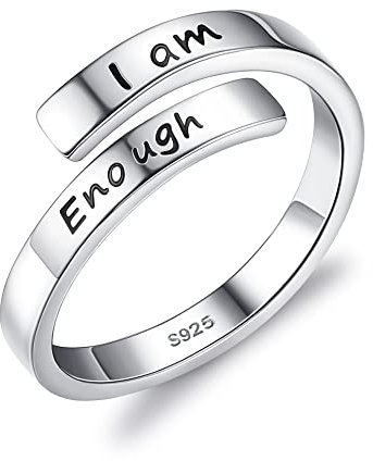Krfy 925 Sterling Silber Ringe für Damen und Herren - Ich Bin Genug Ringe - Inspirative Ermutigungsringe - Größe Einstellbar - Verstellbar - Daumen Öffnen - Modern, Fein - Silber - Unisex - Ring