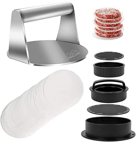 AB PRIME LINES 3 in 1 Heavy Duty Antique Burger Press Gift Set - Burger Making Set with Stainless Steel Round Patty Press & 100 Wax Paper + Burger Maker - Burger Smasher for Griddle & Steak Press