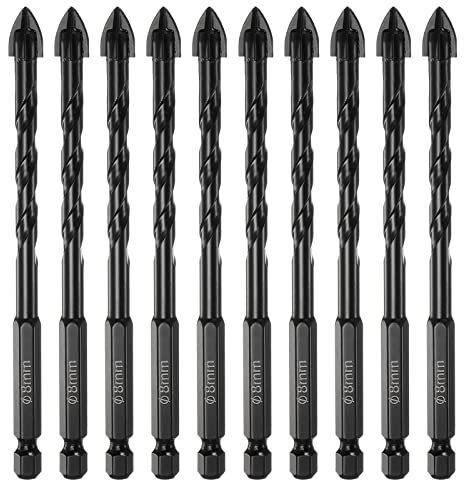 sourcing map 10pcs Masonry Drill Bits, 8mm Concrete Drill Bit 1/4 Hex Shank Ceramic Tile Drill Bit Carbide Tip for Brick, Glass, Plastic, Ceramic Tile, Wall Mirror, Black