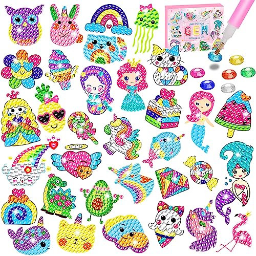 CAYUDEN Diamond Painting Aufkleber, 33pcs 5D Diamant Painting Bilder Kinder Einhorn Diamond Painting Kinder Mädchen Meerjungfrau Diamond Painting Stickers DIY Diamant Malerei Aufkleber Kit für Kinder