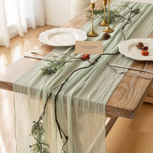 Keketoarrange Sage Green Table Runner Cheesecloth 120 Inch 10 FT Rustic Boho Cheese Cloth Table Runner for Wedding Baby Shower Bridal Shower Sheer Gauze Centerpiece Summer Home Decorations