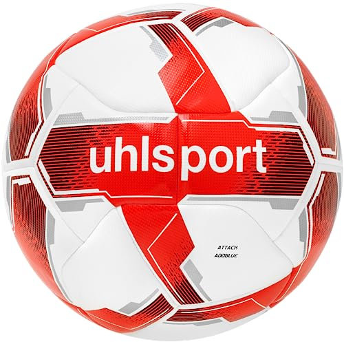 uhlsport Attack Addglue Fussball Soccer Spielball Trainingsball - mit Neuer ADDGLUE-Technologie - weiß/rot/Silber - für Jugend und Aktive - FIFA Basic, 4
