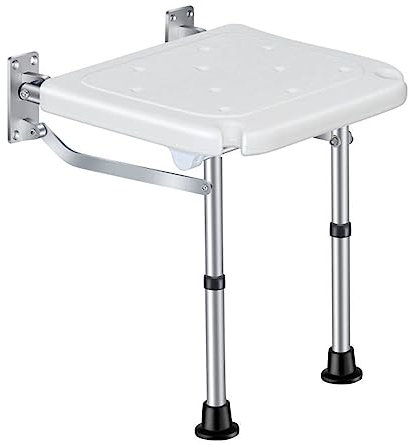 HUIOP Banc de douche pliable fixé au mur Siège de bain rabattable Tabouret de chaise de salle de bain à visser avec pieds antidérapants Trous de drainage Fente pour pommeau de douche pour personnes âg