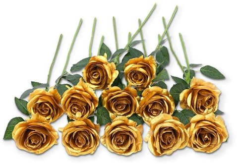 12 Stück Gold Rosen Künstlich, Einzelne Langstielige Kunstblumen Rose, Realistische Kunst Rosen für Hochzeitsdeko Brautsträuß Heiratsantrag Geburtstag Party Haus Garten Decor (Gold)