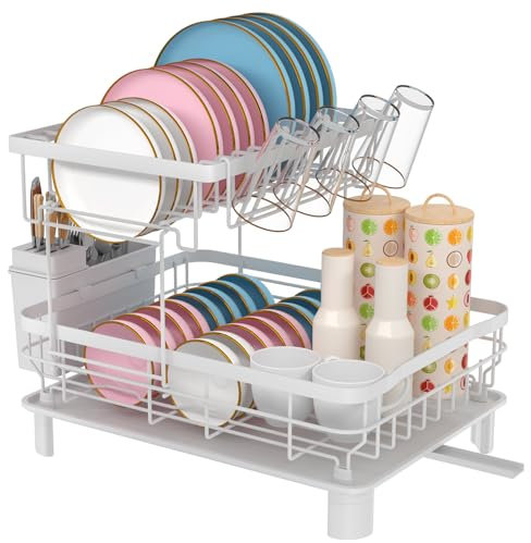 E-MANIS Escurreplatos sobre Fregadero, Escurridor de Platos de Doble Capa con Placa de Drenaje, Estante de vajilla, Estante de Tazas (Blanco)