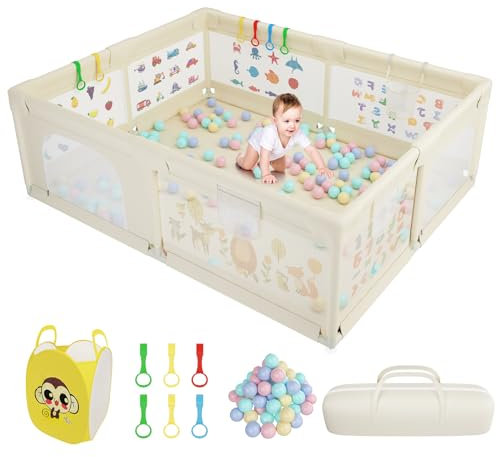 GOI Laufstall Baby, 200x160 CM Extra-großes Laufstall für Apartment, Kinder Laufstall mit weichem atmungsaktivem Netz, inklusive 50 Bällen, 6X Zugringen, 1X Ballaufbewahrungskorb-Beige