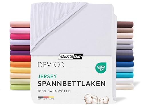 Devior Jersey Spannbettlaken 140x200cm - 160x200cm, 100% Baumwolle, Matratzenhöhe bis 22cm, Weiß – 135 g/m² Anti-Statisches, atmungsaktives Bettlaken mit Einlaufschutz, Matratzenbezug Weiß
