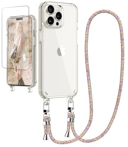 Ciciber Handykette Hülle für iPhone 15 Pro Max Handyhülle mit Band und Schutzfolie, Transparent Case mit Schnur zum Umhängen Kordel Necklace Hülle Schutzhülle für iPhone 15 Pro Max 6.7, Regenbogen