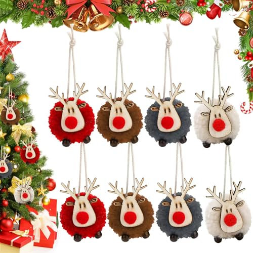 Weihnachtsbaum Anhänger, 8 Stück Weihnachtsschmuck Rentier Weihnachtsanhänger Elch Deko, Spaß Weihnachtsanhänger Deko, Filz Holz Weihnachtsbaum Hängende Dekoration Christbaumschmuck Geschenk
