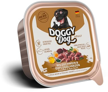 DOGGY Dog Paté Wildschwein & Geflügelherzen, 10 x 150 g, Nassfutter für Hunde, getreidefreies Hundefutter mit Lachsöl, Alleinfuttermittel mit Kartoffeln und rote Beete, Made in Germany