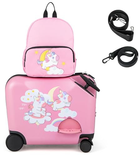 GOPLUS Kinderkoffer mit Rucksack, Kids Trolley, Kindergepäck mit Rollen, Reisekoffer mit Teleskopgriff, Hartschalenkoffer für Kinder, Kindertrolley Farbwahl (Pink-Einhorn, 12+18)
