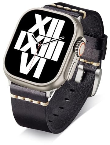 BINLUN Leather Strap Compatible with Apple Watch 38mm 40mm 41mm 42mm 44mm 45mm 46mm 49mm Handmade Retro Band Compatible with iWatch Series 10 9 8 7 6 5 4 3 2 1 SE SE2 Ultra Ultra2, 49mm, Black