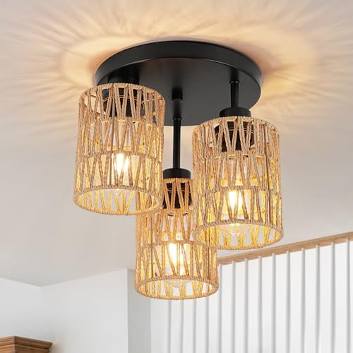 FORCOSO Deckenleuchte Rattan 3 Flammig, Boho Lampe Decke mit Natürlicher Rattan Lampenschirm, E27 Vintage Kronleuchter, Rustikal Braun Deckenlampe Für Wohnzimmer Schlafzimmer Esszimmer Küche Flur