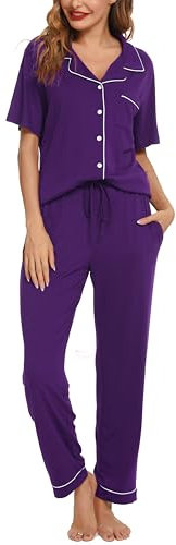 Lovasy Set Pigiama Donna in Cotone Con Bottoni - Camicia Maniche Corte e Pantaloni Lunghi Traspiranti - Casual Da Casa in Due Pezzi, Viola, M