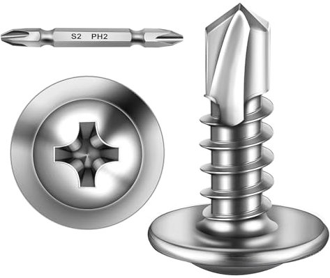 300 Stück Blechschrauben 4,2 x 16 mm Selbstschneidende Schrauben Edelstahl Flachkopf mit Scheibe und Kreuzschlitz Schraubendreher Bit