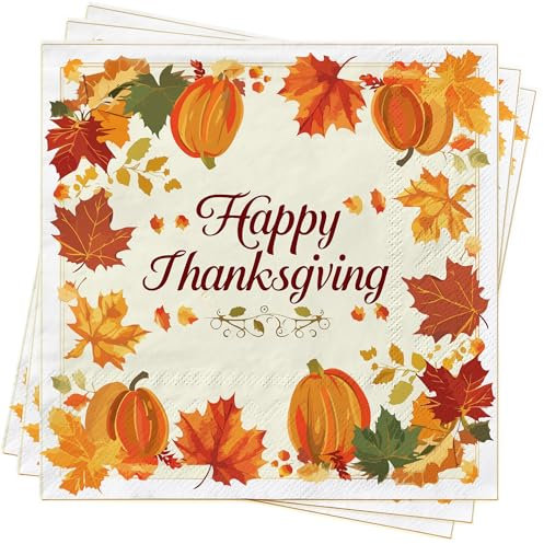 BUSCANDO 40Stück Servietten Thanksgiving Deko Herbst Servietten Herbst Tischdeko 33 x 33 cm Herbst Cocktail Papierservietten mit Ahornblättern Kürbis Ernte Party Zubehör Thanksgiving Tischdeko