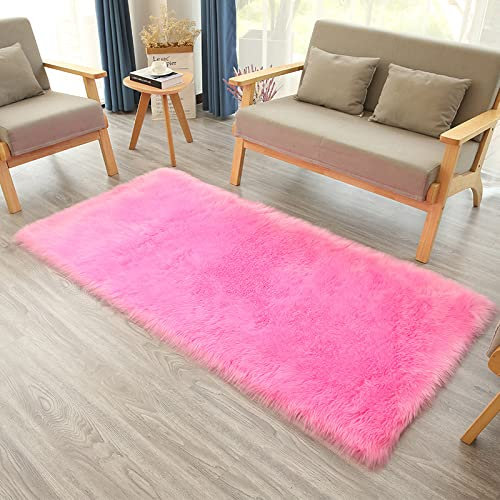 YUGWNN Rosa Lammfell Teppich Flausch Fell füR Couch,Waschbar Fell füR Sessel Stuhl Decke,Rechteckig 100x200cm/39.3x78.6in