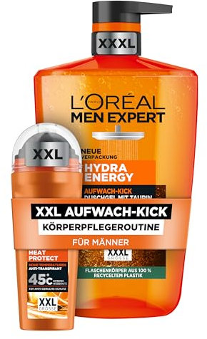 L'Oréal Men Expert Körperpflegeset für Männer, Mit XXXL Duschgel und XXL Deoroller, Set für Herren mit Taurin und Keramik, Hydra Energy, Heat Protect, 2-teilig