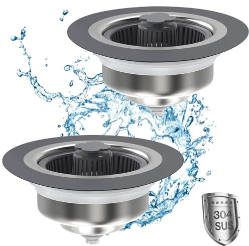 HEMOUR 2-PCS 3 in 1 Kitchen Sink Drain Strainer Stopper, Stainless Steel Sink Stopper and Anti-Clogging Strainer Basket Combo, Pop Up Drain Stopper for US Standard 3-1/2 Drain, Fast Draining