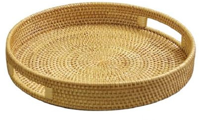 Plateau de service rond en rotin, panier rond en osier avec poignée, panier de rangement portable pour corbeille à fruits, plateau Tirp grand format