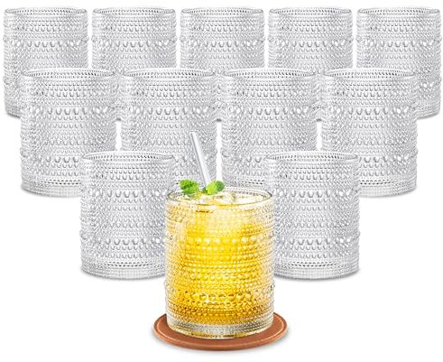 Hobnail - Set di 12 bicchieri in vetro vintage, bicchieri da cucina goffrati, bicchieri da acqua, bar, birra, cocktail, succhi di frutta, whisky, latte, set regalo, con cannucce e sottobicchieri, 340