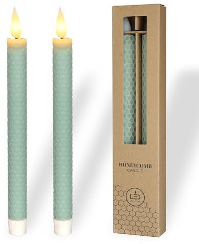 comforder Echtwachs LED Kerzen mit flackernder Flamme (2er Set), elektrische Stabkerzen mit Timerfunktion, Kerzen batteriebetrieben, Bienenwaben-Optik (Eukalyptusgrün)