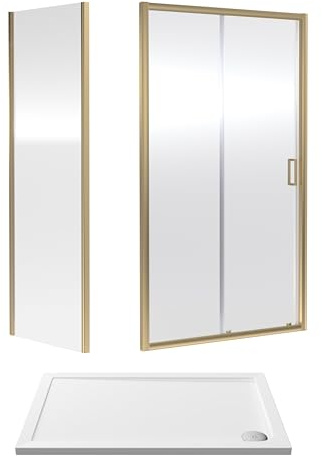 Balterley Sliding Shower Door with Side Panel & Shower Tray, 6mm Toughened Safety Glass Doors, Bar Handle Framed Sliding Door, Square Tray for Showers, Bathroom Side Panels (Brushed Brass/White)