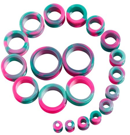 Longbeauty 20er Set/10 Paare Hart Silikon Tunnel Set Dehnungsset Ohr Piercing Schmuck Double Flared Stretching Expander 6MM-25MM, Türkis & Rosa
