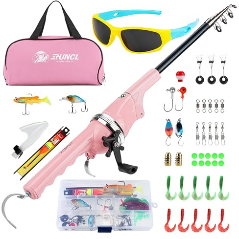 RUNCL Kids Fishing Pole Pink- Portable Folding Fishing Rod and Reel Combo Kit with Spincast Fishing Reel, 80m Fishing Line, Tackle Box, Sunglasses, Travel Bag, for Girls