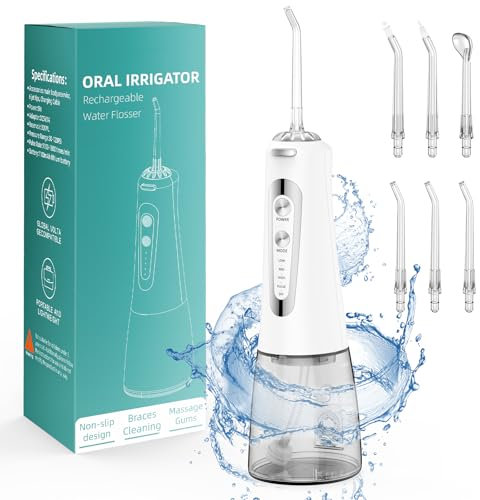 Water Flosser, Portable Oral Irrigator for Teeth with 5 Modes& 6 Replaceable Jet Tips, 300ML Rechargeable&IPX7 Waterproof Tooth Flosser for Home,Travel (White)