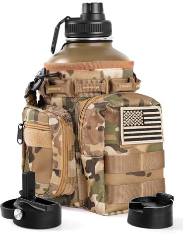 banloga Tactical Half Gallon Water Bottle with Straw, 64 Oz Insulated Water Jug with Molle Water Bottle Holder, Stainless Steel Sport Battle Bottle with 3 BPA Free Lids for Gym Workout Hiking (Brown)