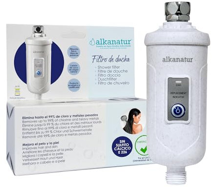 Filtro de Ducha Antical y Cloro Filtro Ducha Ecológico sin Sulfito Cálcico E226 Filtro Agua Ducha Elimina Metales Pesados Filtro Ducha para el Pelo y la Piel de 30.000 L Fácil Instalación - Alkanatur