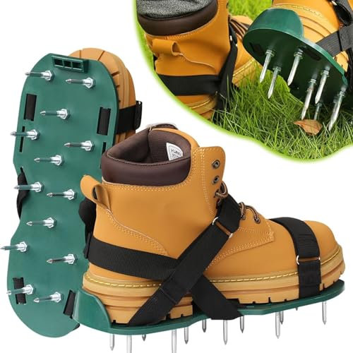 RZJZGZ Lawn Aerator Shoes with Heavy Duty Buckle Grass Spike Soil Aeration Shoes for Lawn Aeration, Pre-Assembled Lawn Scarifier and Aerator for Lawns Yard Garden Grass - One Size Fits All (Green)