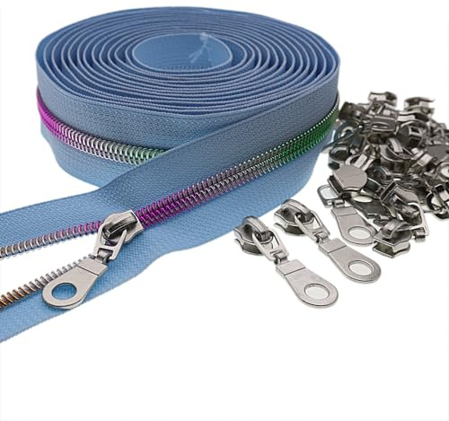 #5 Bunte metallische Nylon Spule Reißverschluss durch Yard, blaue Reißverschluss Band Bulk 10 Yards mit 25pcs Silber Pull für DIY Nähen Handwerk Tasche YIGUANXIN