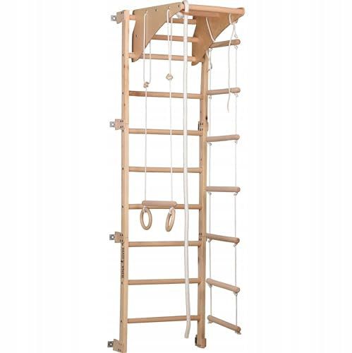 RINAGYM Sprossenwand ECO 2 Naturton (Eco-Pine) – 58 × 210 cm – abnehmbares Reck + Ringe, PP-Seil & Seilleiter – Indoor Fitnessgerät für Kinder (3+) & Erwachsene – Wandmontage mit Abstandshaltern