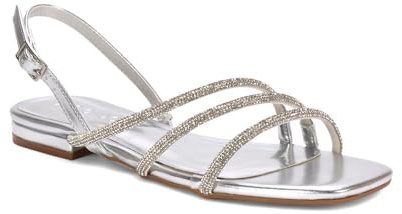 ESSEX GLAM Women's Flat Strappy Sandals Ladies Sparkly Diamante Slingback Strappy Holiday Dressy Shoes Size 3-8