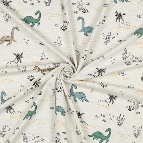Jersey Stoff Meterware Dinosaurier Meeres Design – Baumwolljersey Creme Meliert, 60% Baumwolle 35% Polyester 5% Elasthan, Kinderstoff elastisch