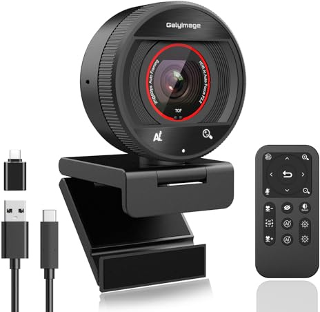 Galyimage Webcam AI 2K pour PC, caméra d'ordinateur TOF 1080p 60fps avec zoom numérique 8x, webcam USB 3.0 avec télécommande/HDR/double micros antibruit pour streaming et réunion sur zoom/équipes