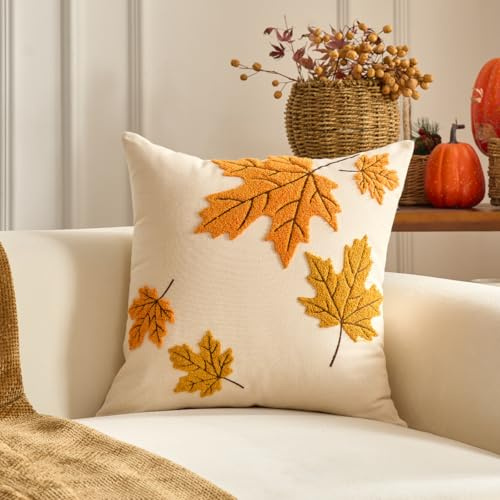 JIABAOZ Herbst Deko Kissenbezüge, Plüsch Kürbis Kissenbezug 45x45cm mit Quasten,Kissenhülle Herbst, Kürbis Ahornblatt Kissenhülle für Wohn Sofa Schlafzimmer Autumn Decor (A4)