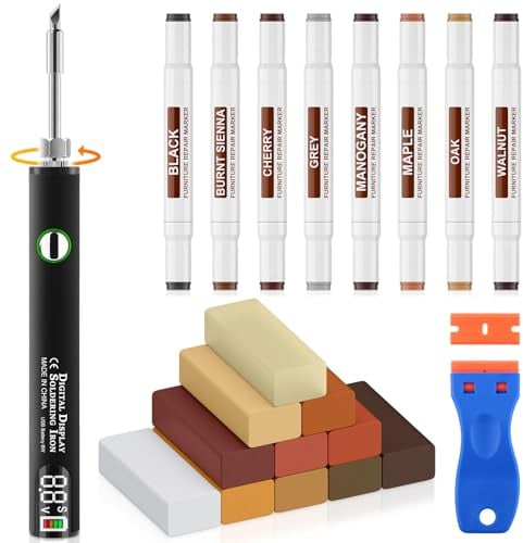 Laminat Reparaturset, Parkett Vinyl Reparaturset Holzkitt Upgrade-Schmelzwerkzeug 11 Farben Hartwachs 8 Doppelspitzen-Marker Repariert Kratzer,Risse,Löcher, Dellen in Möbeln,Böden Arbeitsplatten