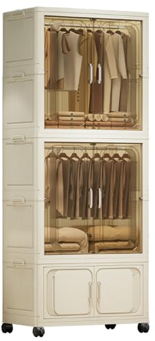 Lidzopas Klappbarer Kleiderschrank 2 Hängen + 1 Aufbewahrung - Großer Tragbarer Schrank Kunststoff mit Hängestänge Kleiderschrank mit Magnetischen Doppeltüren und Rädern, 65 * 35 * 156,5 cm