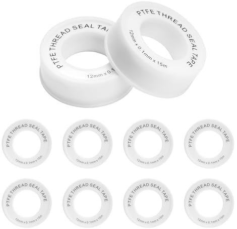 Liuliushun 10 Stück Teflonband Gewindedichtband Gas Sanitär, 12mm x 15m Selbstklebendes Dichtungsband Wasserhahn, PTFE Dichtungsband für Wasser Gewindedichtfaden Rohren Duschköpfen Heizungssysteme
